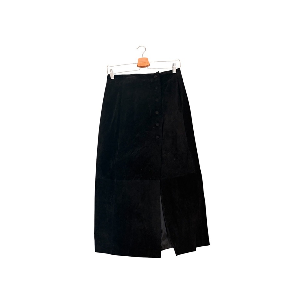 Otello Pelle Skirt Small Black Vintage Suede Leather Button Front Midi Slit